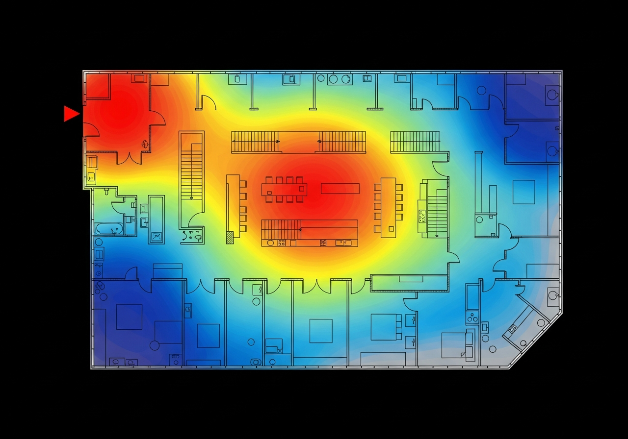 Overhead retail store floor plan heatmap showing red hotspots at entrance and central display, yellow mid-traffic aisles, and blue cold zones in far corners - IDEOtics in-store heatmap analysis